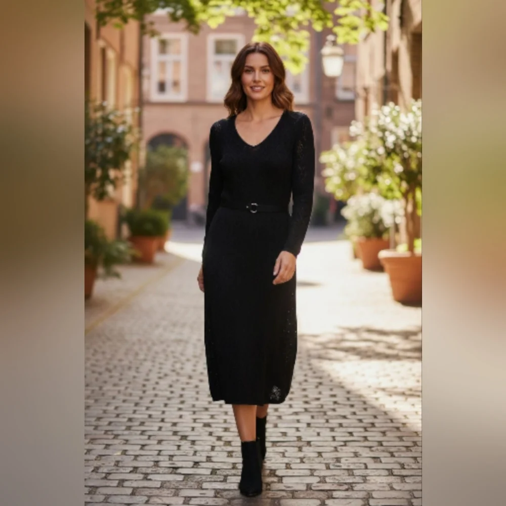 Lauren Ralph Lauren Elegant Black Knit Dress with Suede Leather Belt XL - Picture 5 of 11